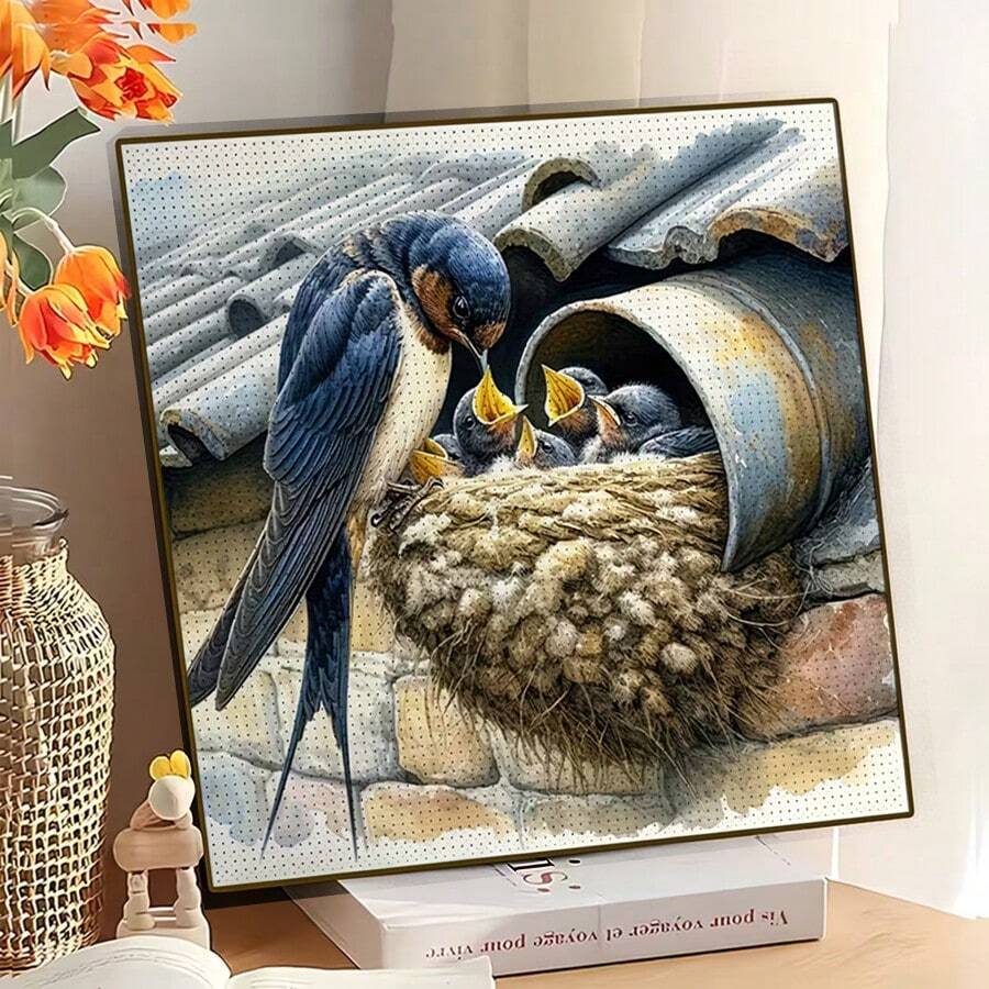 1幅全新5D圆形亚克力钻石画马赛克工艺品，以麻雀喂雏鸟为主题，DIY钻石刺绣，打造生动温馨的场景。可作为家居墙面装饰，增添艺术氛围，也是送给女友、父母、朋友的贴心礼物，通过手工创作表达爱意和心意。不含画框 - 圓鑽 - 查看 1