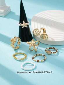 Set Of 3 Summer Beach Rings With Starfish, Shell And Scallop, Women's Jewelry Accessories For Vacation And Travel, Gift - 彩色 - 查看 3