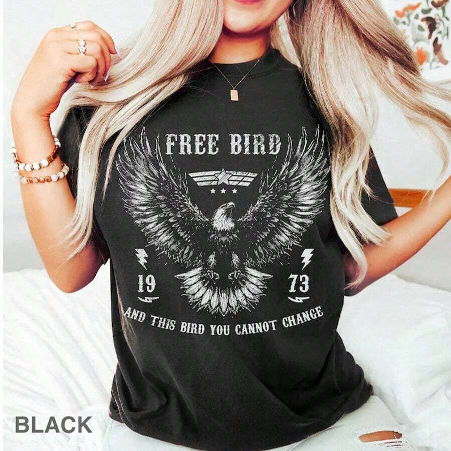 Free Bird T-Shirt, Free Bird T-Shirt, Independence Day T-Shirt, Eagle T-Shirt, Retro Music T-Shirt, Free Bird America, Classic Southern Rock Band - 黑色 - 查看 1