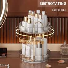 360 Rotating Makeup Organizer And Storage For Vanity Countertop 2 Tiers, High Capacity Cosmetic Skincare Perfume Organizer For Dresser Bathroom Lazy Susan Organizers(Amber Gold) - Silver - View 9