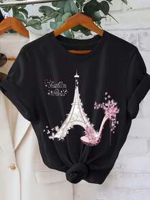 Women's Short-Sleeved Cotton T-Shirt,  T-Shirt With Eiffel Tower Print, Loose-Fitting Short-Sleeved Clothing For Women. - 黑色 - 查看 6