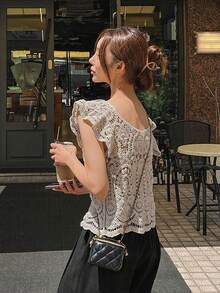 Hollow Crochet Front Button Ruffle Trim Sleeveless Knit Vest Summer - Apricot - View 3