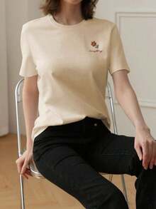 Camiseta de Mujer con Estampado Gráfico, Ligera, de Algodón, para Verano, con Estampado de Rosas, Cuello Redondo, Manga Corta, Casual, Talla Grande, 100% Algodón Puro - Albaricoque - Ver 3