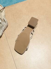 Summer Campus Style French Thick Heel Strap Sandals, Versatile Thin Strap Roman Slippers For Girls - Beige - View 10