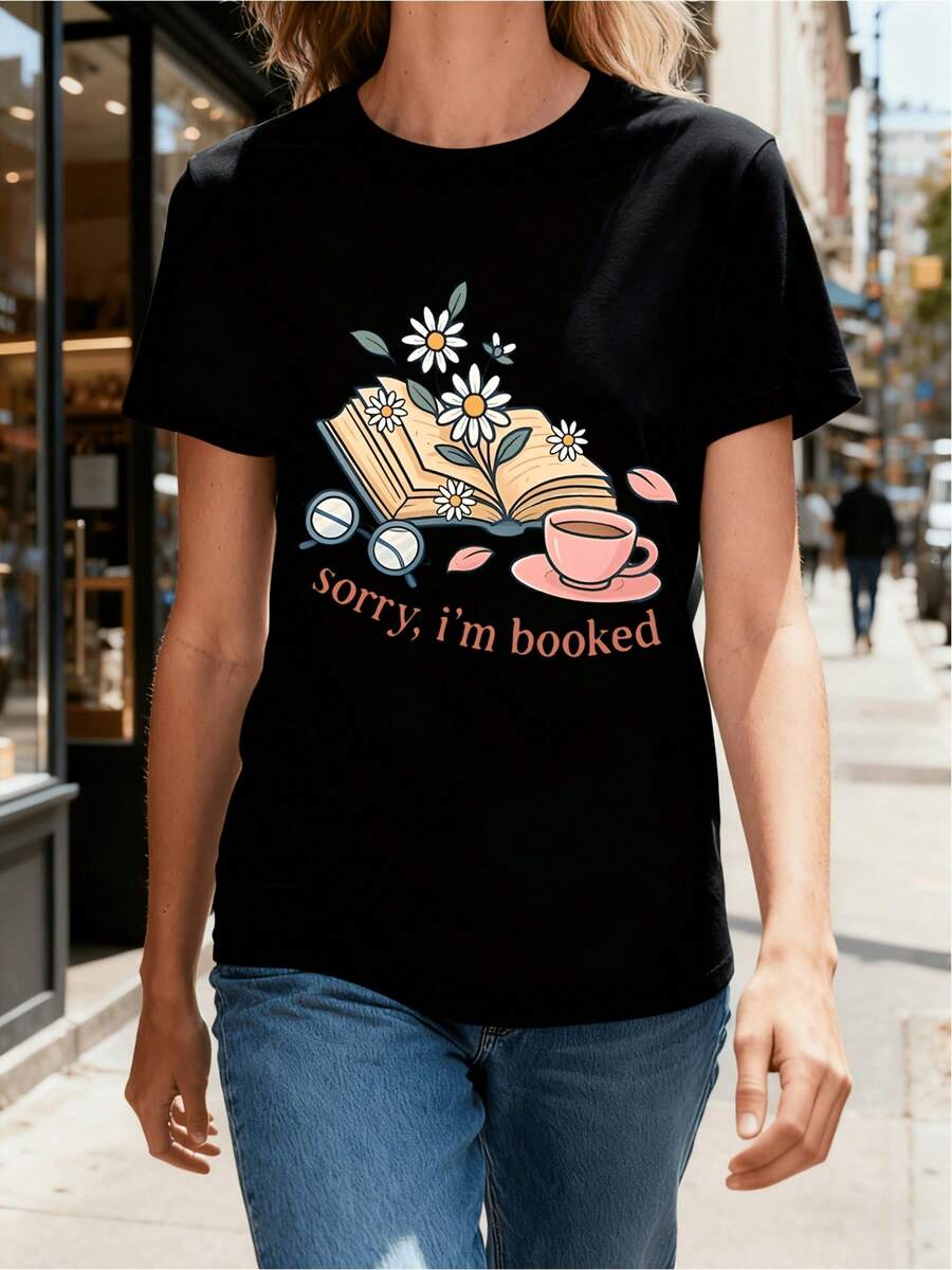 Camiseta de Mujer, Camiseta Casual Estampada de Cuello Redondo para Damas, Camiseta con Estampado Artístico, Camiseta de Anime, Camiseta Única, Uso Diario, Regalo Perfecto para Hombres, Almacén Local en EE. UU., Selección Festiva, Holgada, Cómoda, Diseño Moderno, Transpirable, Camisetas de Manga Corta para Mujer. - Negro - Ver 1