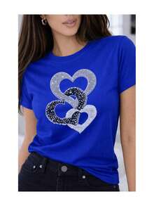Soft 100% Cotton Women's T-Shirt With An Intertwined Heart Print, Shimmering Textured Effect, Glamorous And Elegant Style, And Rhinestone Embellishments. Breathable Cotton T-Shirt That Goes With Everything. - 藍色 - 查看 2