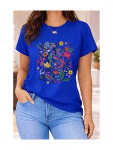 Camiseta suave 100% algodón para mujer, de manga corta, con estampado floral de jardín multicolor, flores silvestres botánicas, follaje exótico, estilo casual, transpirable, combina con todo, genial. - Azul - Ver 6