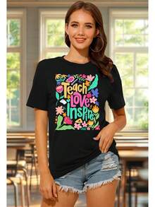 PECHAR - Short-Sleeved T-Shirts For Teachers, Bohemian Design, Wild Floral Design - Black - View 3