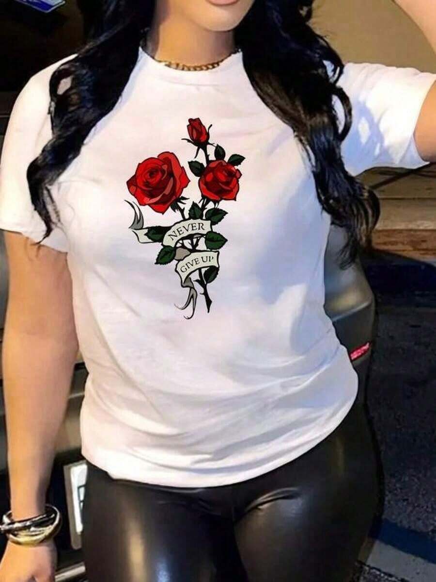 Designed For Modern, Stylish, And Comfortable Women. This Crew Neck T-Shirt Features A Rose Print And Is Made From 220g Pure Cotton. Its Casual Crew Neck Is Perfect For Stylish Outings, Running Errands, Or Just Relaxing. Made With Premium Soft And Breathable Fabric, This JKD1 Is Designed For All-Day Comfort And Versatile Everyday Wear, Making It Ideal For Casual Outings. - 白色 - 查看 1