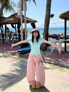 Summer Korean Style Round Neck Fitted Casual Polka Dot Short Sleeve T-Shirt - Mint Blue - View 4