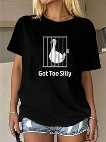 Camiseta de Mujer Estilo Vintage Urbano UniGot Too Silly Funny Goose Pun Humor para Amantes de los Animales - Camisetas Gráficas para Mujer, Tops Cortos, Conjuntos de Verano para Mujer, Camisetas de Verano para Mujer - 100% Algodón Transpirable - Negro - Ver 1