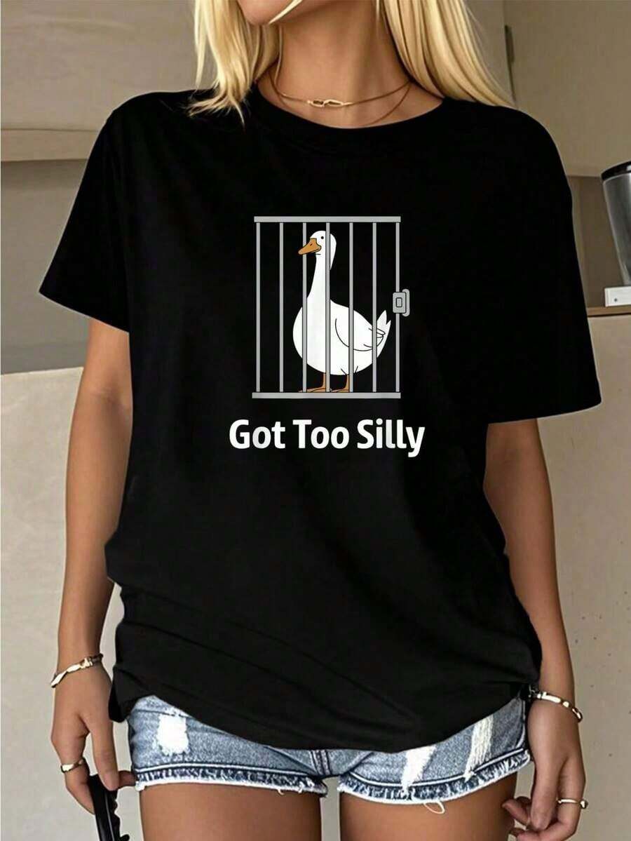 Camiseta de Mujer Estilo Vintage Urbano UniGot Too Silly Funny Goose Pun Humor para Amantes de los Animales - Camisetas Gráficas para Mujer, Tops Cortos, Conjuntos de Verano para Mujer, Camisetas de Verano para Mujer - 100% Algodón Transpirable - Negro - Ver 1