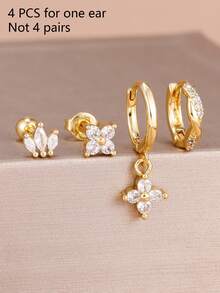 4件/組新款18K鍍金水晶彎曲耳環女款，耳軟骨與耳垂耳釘飾品 - 1-Gold-4PCS - 查看 6