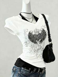 Camiseta de mujer casual de cuello en V retro, con atar, de manga corta y contraste de color, adecuada para el verano - Blanco 3 - Ver 5