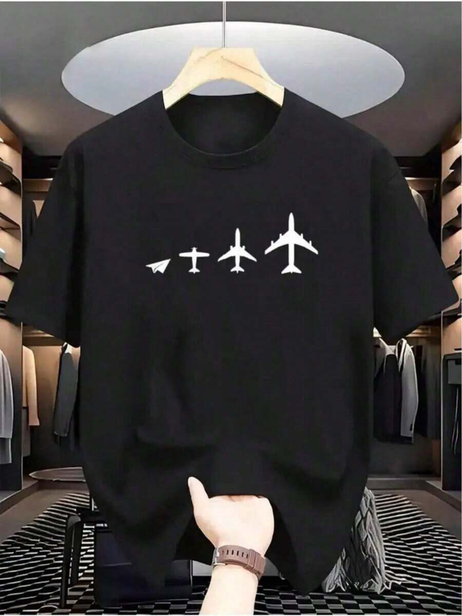 Premium Black Crew Neck T-Shirt With Airplane Evolution Print, Suitable For Casual And Sport Wear, All-Season Short Sleeve T-Shirt, Slightly Stretchy Knit Fabric, Regular Fit, Perfect For Everyday And Weekend Wear. - 黑色 - 查看 1