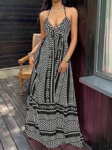 Vestido maxi con escote en V profundo, cuello halter, espalda descubierta y cintura con lazo, con lunares negros, estilo sexy y elegante europeo y americano, adecuado para primavera/verano y vacaciones en la playa - Multicolor 5 - Ver 6
