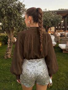 Women's Elegant Long Sleeve Turndown Collar Button Front Chiffon Blouse, Office Wear - Coffee Brown - View 7