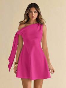 Falda asimétrica elegante de línea A con volantes en el bajo y detalle de lazo en el hombro en diseño ajustado negro para mujer - Rosa - Ver 5