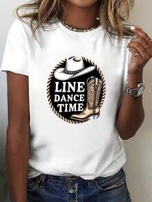 Camiseta de Mujer con Estampado de Sombrero de Vaquero "LINE DANCE TIME" - Conjunto de Baile Lineal al Estilo Western, Manga Corta y Cuello Redondo, Top Casual para Verano y Primavera con Diseño de Vaquero, Ropa Western Lavable a Máquina para Eventos de Baile y Outfits Diarios - [Blanco] - Ver 6