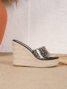 Sandal đế xuồng mũi tròn, thoải mái, thoáng khí, chất liệu dây gai dầu trong suốt, họa tiết da báo, dành cho nữ, mùa hè. - màu nâu - Xem 4