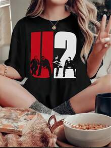 1 Piece Of Women's Casual T-Shirt With U2 Band Graphic Print, Round Neck, Polyester Knit Fabric, Geometric Pattern, Short Sleeve, Comfortable Summer Top For All Seasons, Y2k T-Shirt. - 黑色 - 查看 10