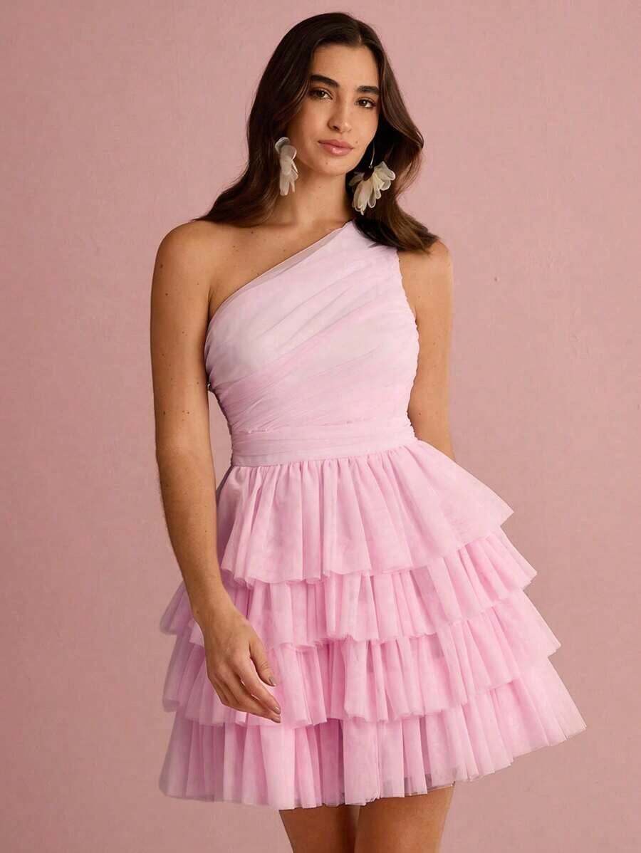 Vestido de malla con volantes y pliegues asimétricos - Rosa Pálido - Ver 1
