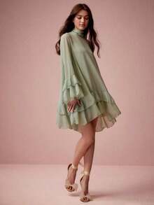 Vestido elegante de manga larga con cuello alto y diseño de capas en unicolor para mujer - verde menta - Ver 7