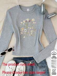(Please Order 2 Sizes Up) 2026 Spring New Arrival! Fitted Style, High-Quality 100% Cotton Long Sleeve, Y2K Style Women's Comfortable & Fashionable Ditsy Floral Minimalist T-Shirt, French Countryside Vibe, Embracing Slow Living. Versatile Summer Streetwear Piece, Exuding Charming Elegance. Women's Fitted T-Shirt. - Grey - View 2