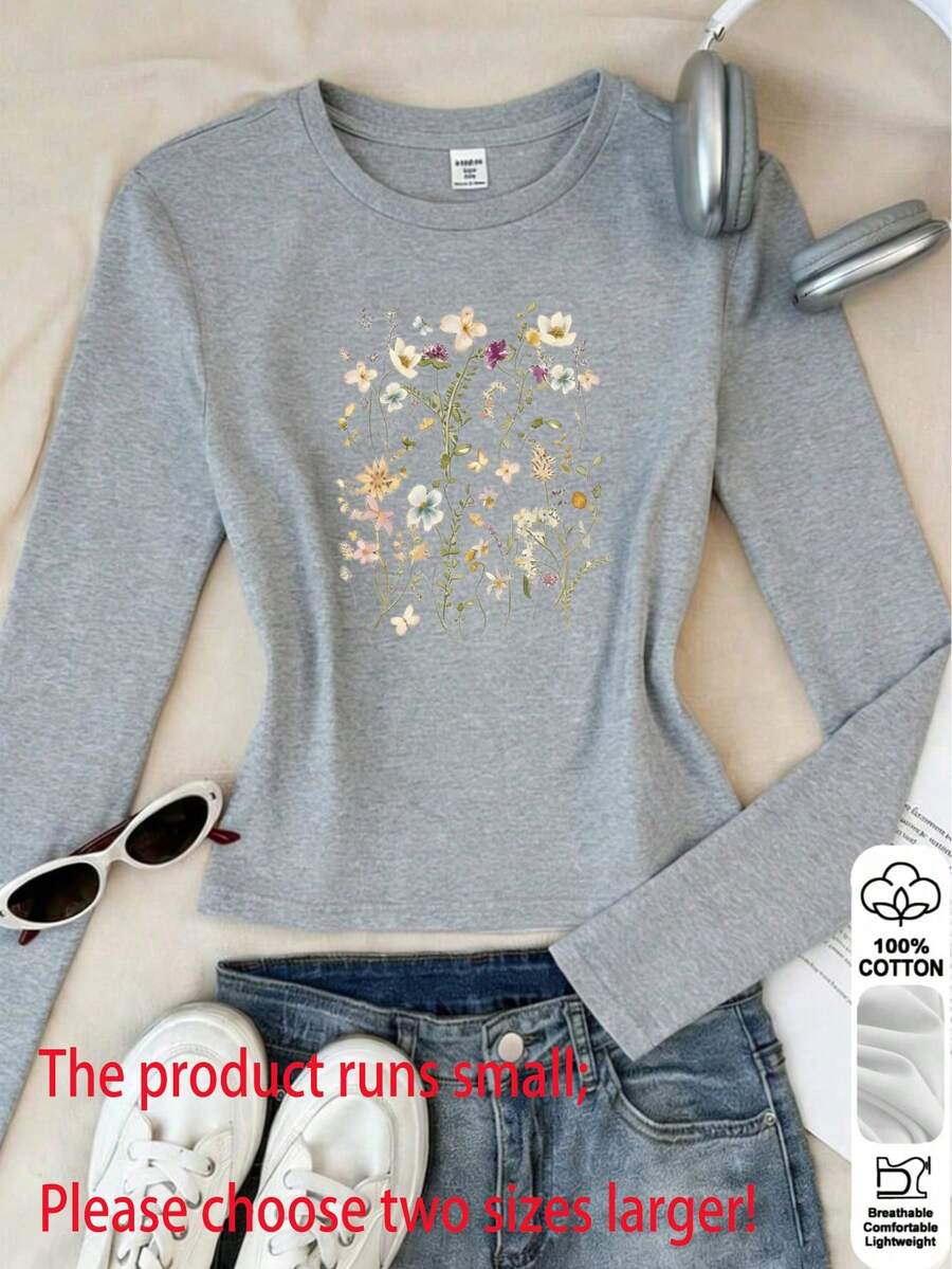 (Please Order 2 Sizes Up) 2026 Spring New Arrival! Fitted Style, High-Quality 100% Cotton Long Sleeve, Y2K Style Women's Comfortable & Fashionable Ditsy Floral Minimalist T-Shirt, French Countryside Vibe, Embracing Slow Living. Versatile Summer Streetwear Piece, Exuding Charming Elegance. Women's Fitted T-Shirt.