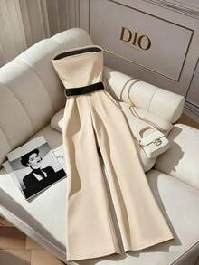 Mono sin tirantes de pierna ancha con hebilla metálica y ribete de contraste para mujer, mono formal elegante de lujo y alta calidad para mujer - Albaricoque - Ver 2