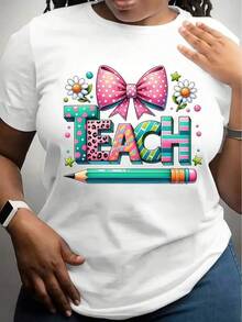 Camiseta Blanca para Maestros con Diseño de Lazo Colorido, Flores, Lápiz y Puntos para Maestros y Eventos Escolares - Blanco - Ver 8