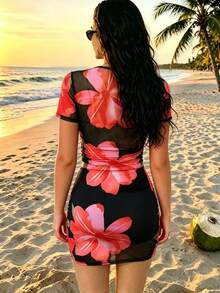Women's Elegant Commuting Casual Versatile Black Base Red Flower Waist Slimming Pleated Short Sleeve Elastic Waist Slit Hem Mini Skirt Two Pieces Set, Suitable For Beach Vacation In Spring And Summer - Black - View 6