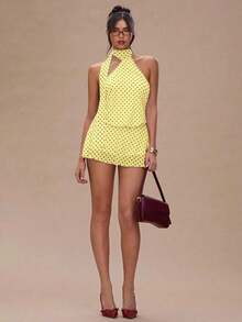 Vestido corto de verano con escote halter y espalda descubierta, con estampado de lunares sexy para mujer - Amarillo - Ver 4