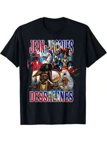 1 Piece Vintage Short Sleeve T-Shirt With Print Of The Leader Of The Haitian Revolution, 100% Cotton, Breathable, Quick-Drying, For Everyday Use, 180g. - 黑色 - 查看 1