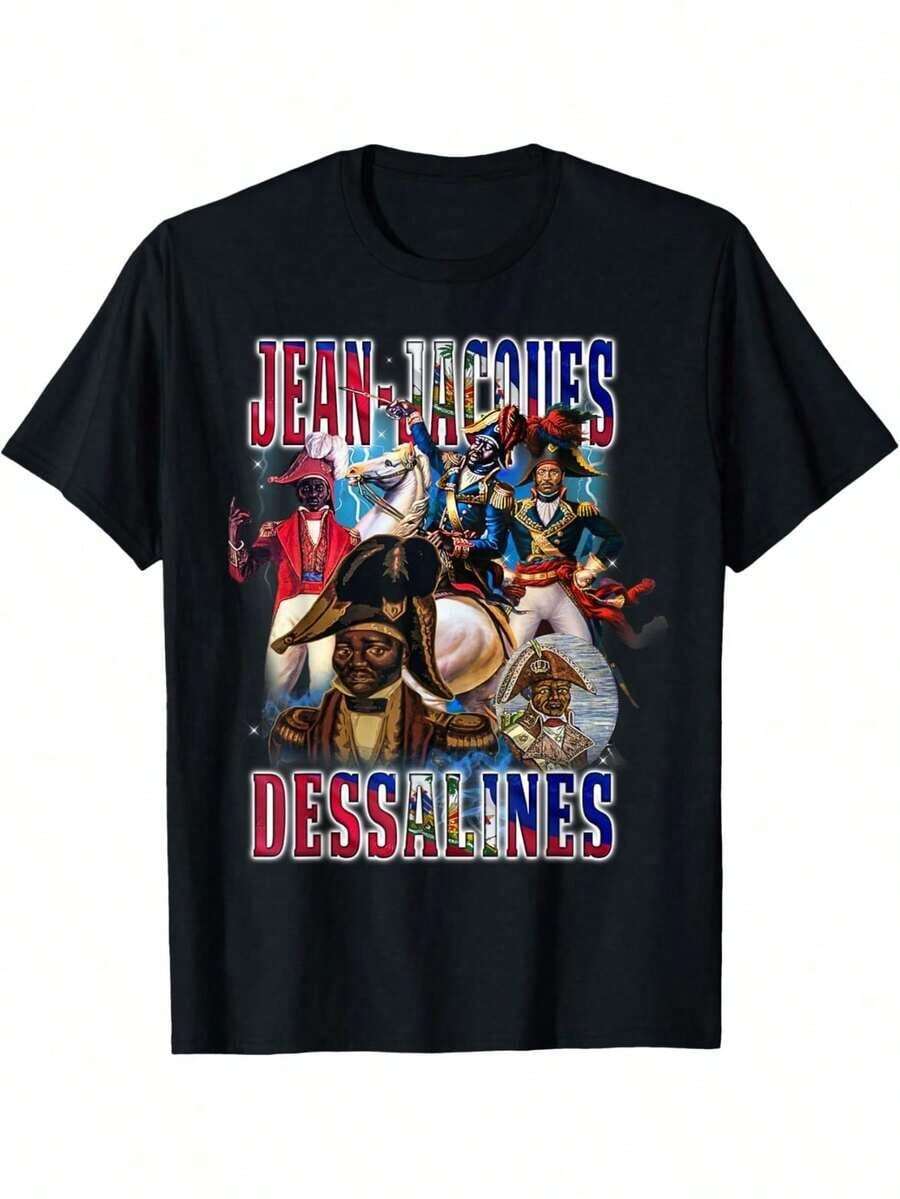1 Piece Vintage Short Sleeve T-Shirt With Print Of The Leader Of The Haitian Revolution, 100% Cotton, Breathable, Quick-Drying, For Everyday Use, 180g. - 黑色 - 查看 1