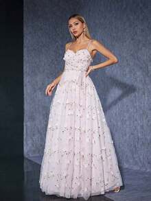Vestido largo de tul con escote corazón y tirantes finos, con flores 3D en color rosa, elegante vestido de mujer para bodas, bailes de graduación, fiestas y festivales - Rosa - Ver 4