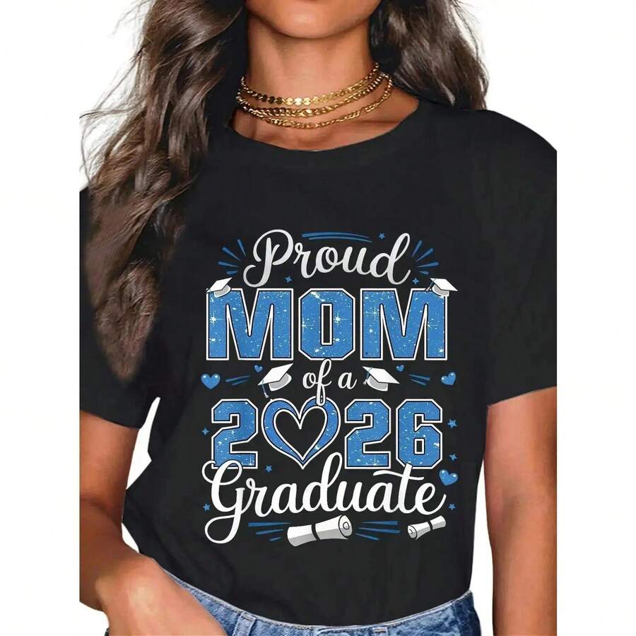 Camiseta de regalo de algodón puro para las madres de los graduados de 2026 y las madres de los estudiantes de último año de 2026. Top transpirable con cuello redondo. Q9YF - Negro - Ver 1