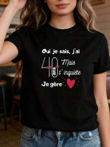 1 camiseta de mujer, con decoración de corazón "Oui Je Sais J'Ai 40 Ans", estampado con frases temáticas de cumpleaños, moderna y elegante de estilo retro, camiseta de manga corta con cuello redondo en color negro, adecuada para primavera, verano y otoño, 180g 100% algodón. - Negro - Ver 6