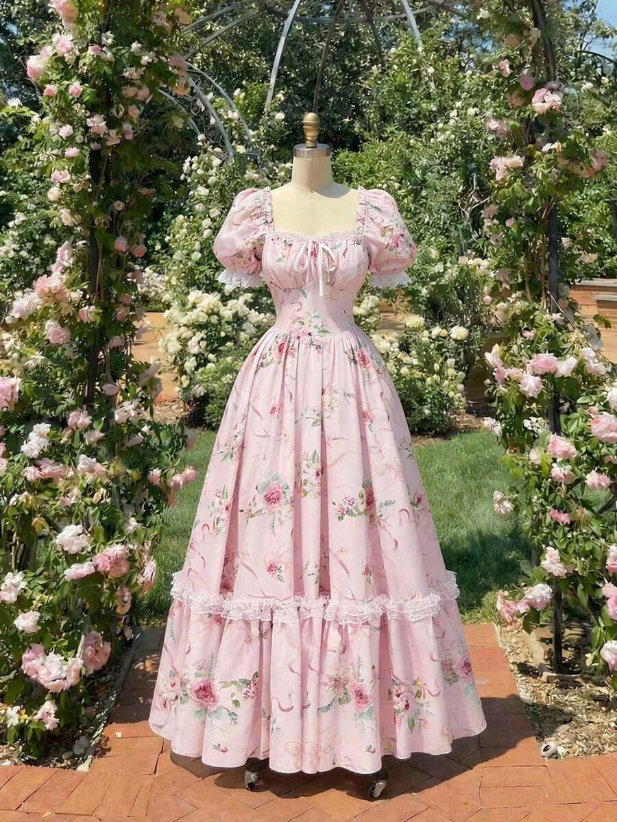 MOD Vestido largo de encaje blanco con volantes estilo victoriano vintage, vestido de fiesta, vestido de graduación, con exquisita mano de obra - Rosa - Ver 1