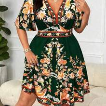 Holidaya Plus Size Women V-Neck Retro Print Casual Dress Curvy Summer Dresses Plus Size Floral Dress Plus Size Vacation Dress Women Summer Dresses Plus - Multicolor - Ver 1
