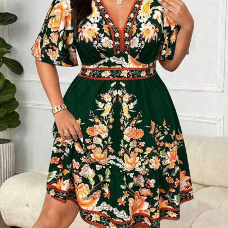 Holidaya Plus Size Women V-Neck Retro Print Casual Dress Curvy Summer Dresses Plus Size Floral Dress Plus Size Vacation Dress Women Summer Dresses Plus - Multicolor - Ver 1