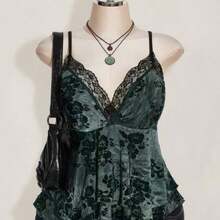 ICON Plus Size Hippie Women Lace Contrast Allover Print Asymmetric Hem Camisole Top, Suitable For Festival, Summer Vacation, Graduation And Back To School - Negro - Ver 1