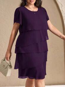 Reflora Vestido de moda con cuello redondo, mangas con volantes y estampado floral para mujer de talla grande - Morado - Ver 4