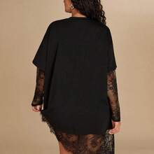 Plus Size Women's Black Short Sleeve Lace Patchwork Top, Spring & Summer Outfit Women's Casual Solid Color Asymmetrical Hem Lace Patchwork T-Shirt, Basic Everyday Wear, Spring/Summer Casual Top For Women Vacation Outfits Women Summer Holiday Outfits Holiday Outfits For Women Vacation Outfits For Women Summer Outfits Summer Outfits For Women Spring Outfit Women Spring Break Outfits Beach Dress Beach Outfits For Women Beach Outfit For Women Casual Blouses For Women Going Out Top Going Ou - Negro - Ver 3