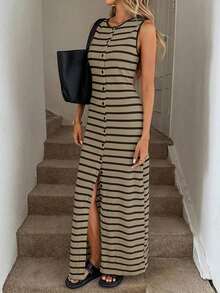 Vestido ajustado a rayas blancas y negras con abertura frontal, informal, para negocios y resorts, lindo vestido de verano, adecuado para las temporadas de primavera, verano, otoño e invierno, ropa informal de negocios para la vuelta al cole, atuendos para salir, ropa para la vuelta al cole, atuendos para maestras, vestido color crema, vestido elegante de playa largo para mujer. - Gris volcánico - Ver 5