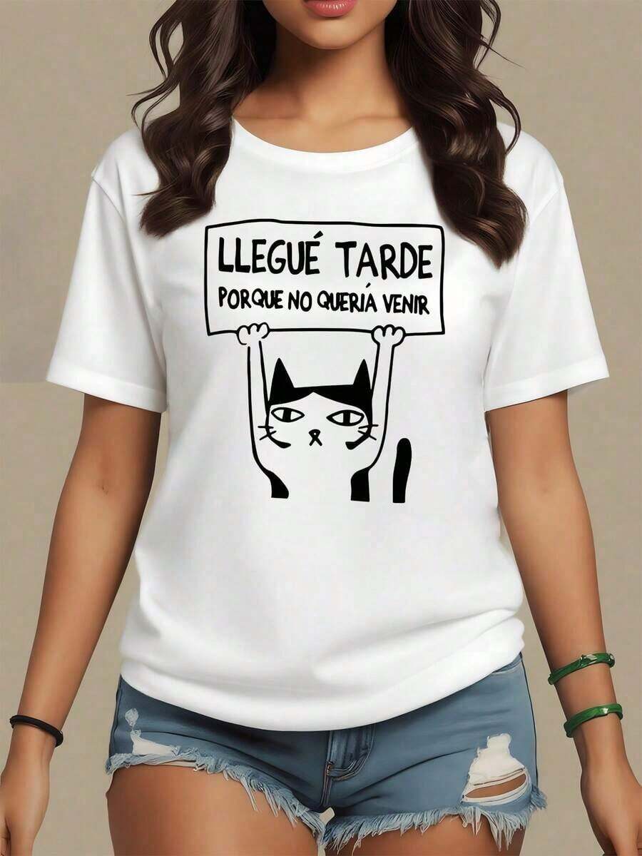 Gato divertido sosteniendo cartel con frase graciosa sobre pereza y sinceridad que refleja humor relajado camiseta para mujer 100% algodón suave y cómoda para uso diario,maija mujer curvy. - Blanco - Ver 1