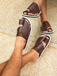 Men's Flat Comfortable Arabic Style Slippers, Dark Crocodile Embossed Middle Eastern Sandals - Coffee Brown - View 5