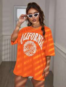 Estilo Y2K, estilo moderno, lo más nuevo de 2026, estilo lindo, estilo casual. Camiseta casual holgada de verano para mujer  con estampado de letras, cuello redondo y mangas caídas, camisetas gráficas para mujer, 180g (S-XXXL). - Naranja 2 - Ver 5