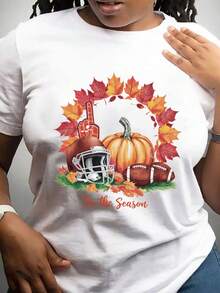 OversizeRopa de mujer de talla grande y corte ajustado 0XL-4XL, camiseta de otoño con estampado de fútbol y hojas - Estampado brillante con "atmósfera festiva", top casual de manga corta y cuello redondo, adecuado para usar en días de juego, en el Día de Acción de Gracias y en atuendos cotidianos - Lavable a máquina, cómodo y de estilo lindo. - Blanco - Ver 6