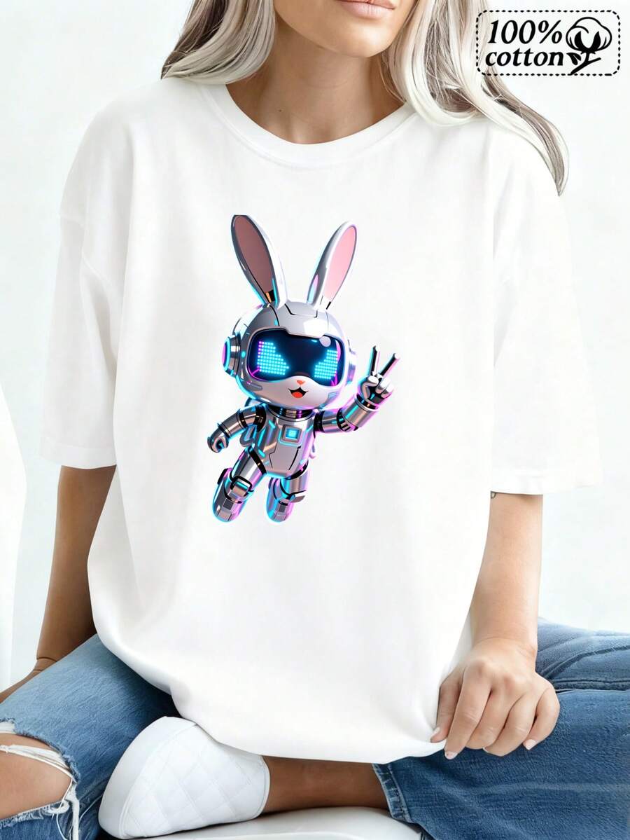 Camiseta de vestir casual con impresión de conejo robot blanco